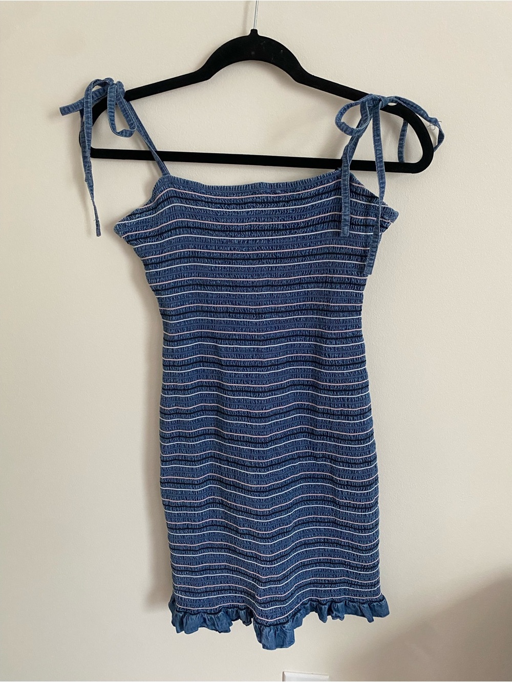 Derek Heart Blue Striped Tie-Shoulder Smocked Mini Dress